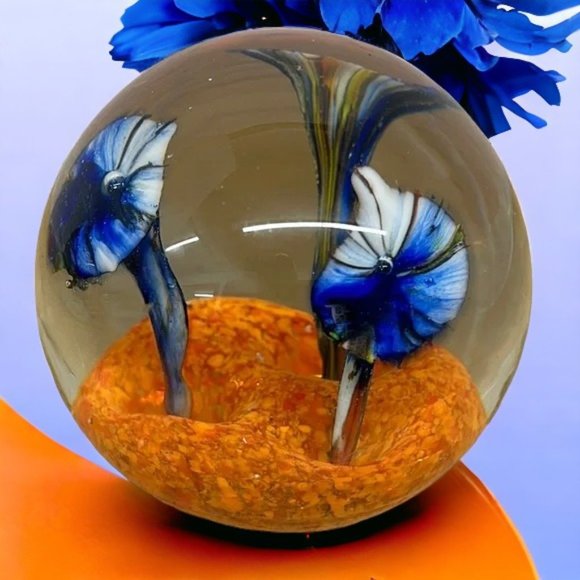 Vintage Hand Blown Art Glass Long Stem Flowers Murano Style Glass Paperweight - Picture 1 of 5